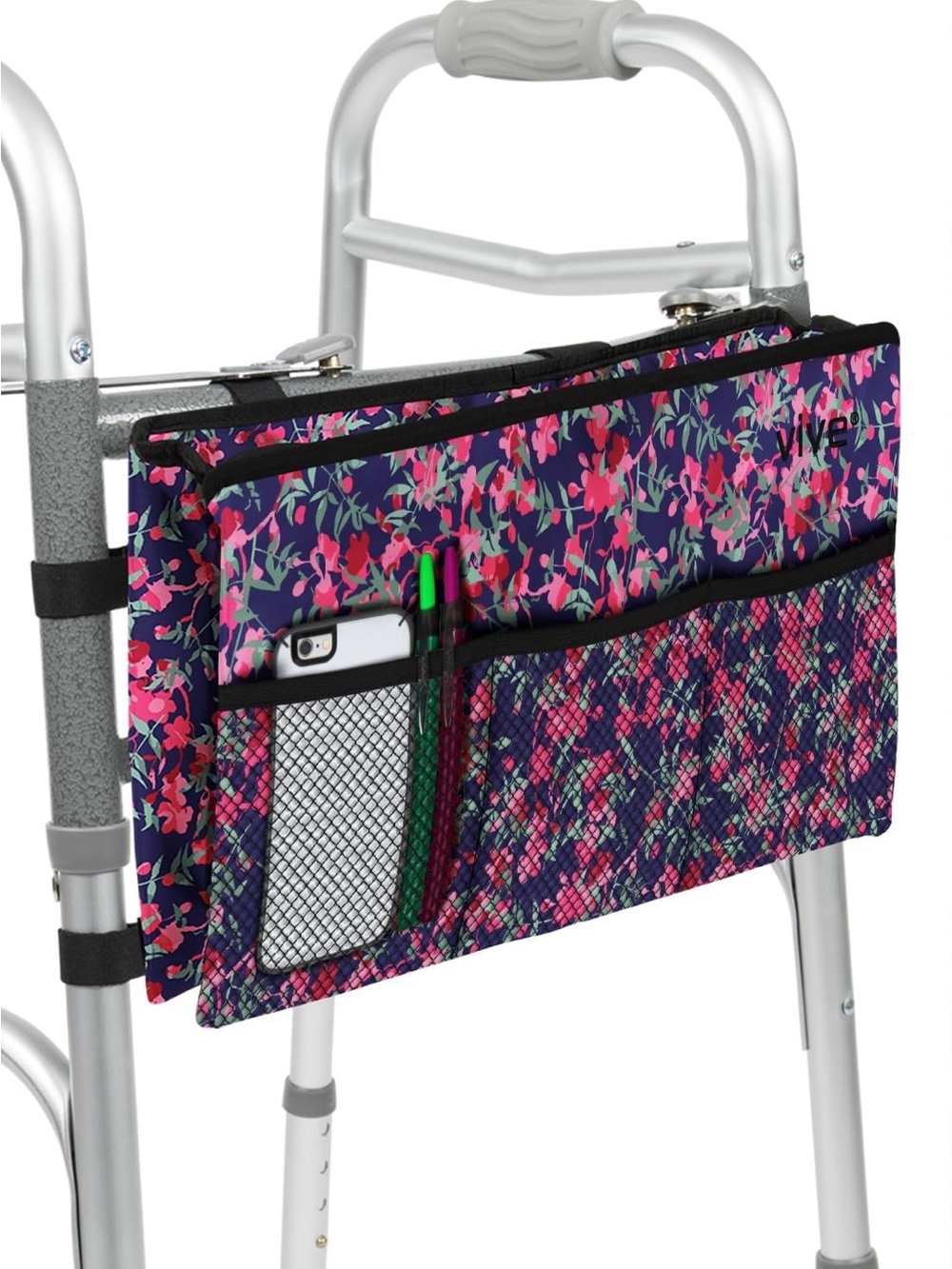 Floral Walker Accessory Organizer Bag in Navy Pink - Adjustable Pocket Pouch